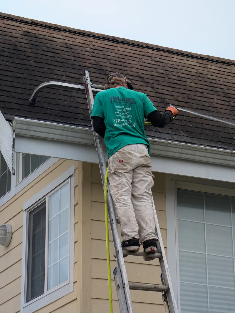 Two Pines technician on a ladder cleaning gutters on a Victoria BC home