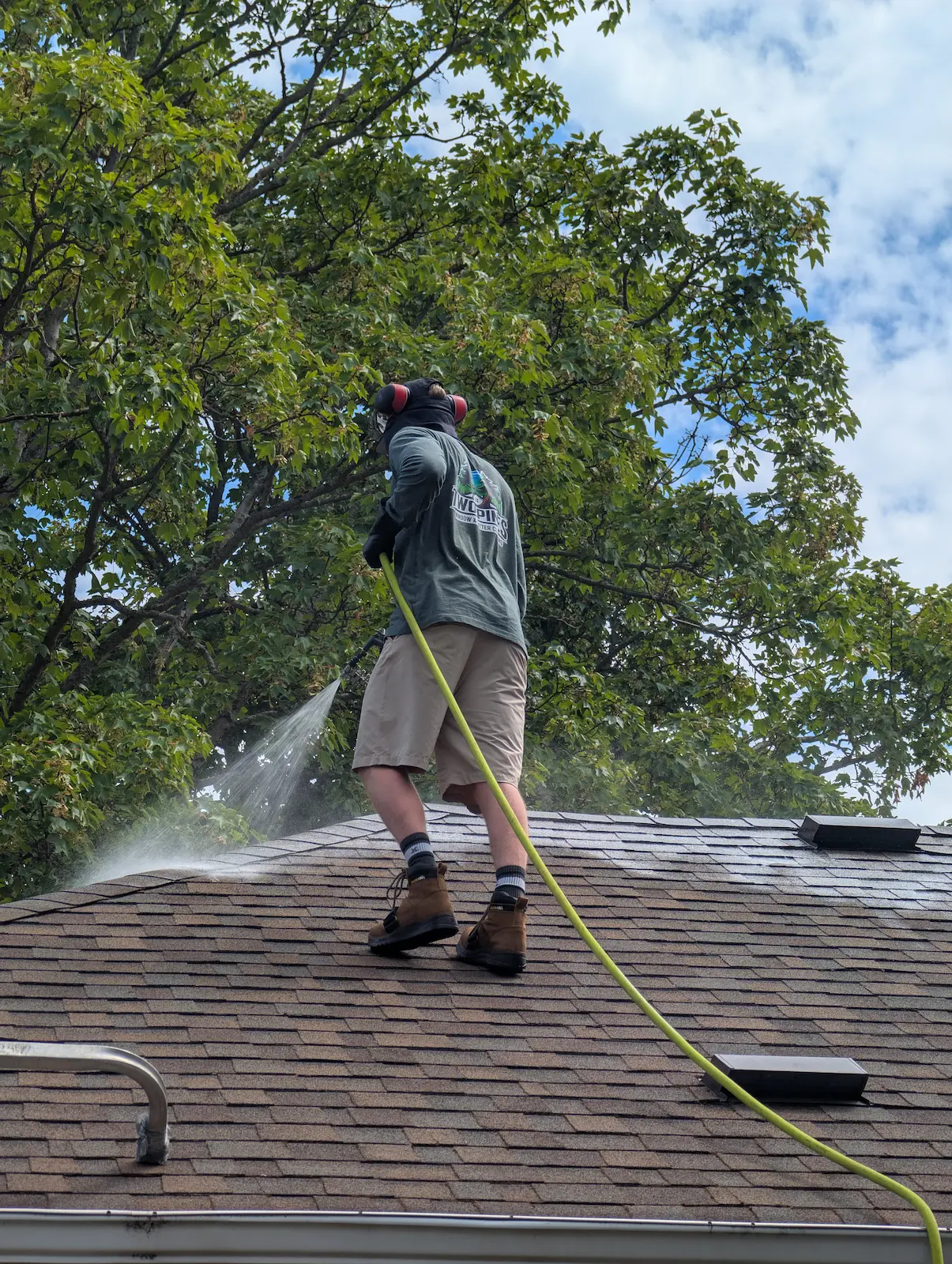 Two Pines technician rinsing a treated roof with a low-pressure hose in Victoria, BC