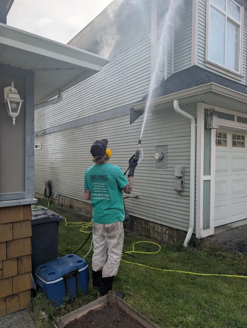 Dirty house siding with algae and mildew growth in Victoria, BC.